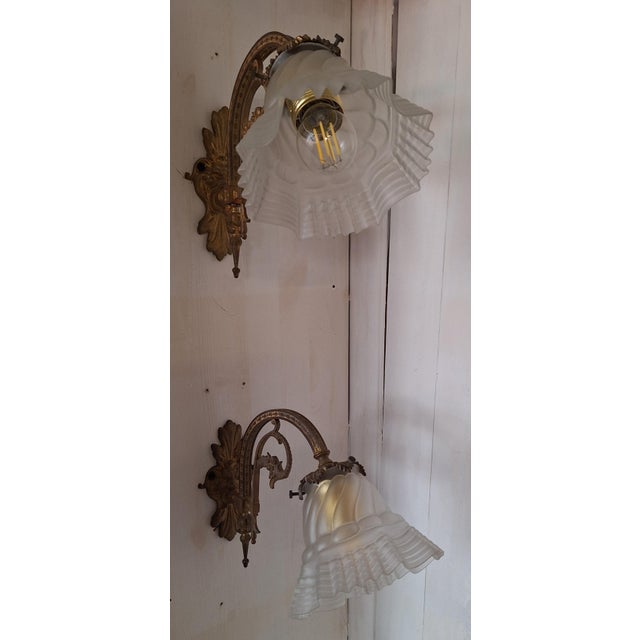 Antique German Wall Lamps with Brass Frame and Glass Shade, 1890s, Set of 2 For Sale - Image 6 of 10