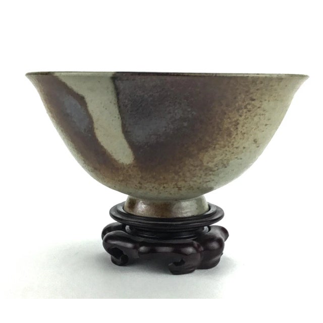 Contemporary Vintage Japanese Artisan Clay Bowl With Rosewood Stand For Sale - Image 3 of 13