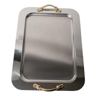 Vintage Stainless Steel Tray with Gilt Rope Handles from Inoxpran, Italy, 1980s For Sale
