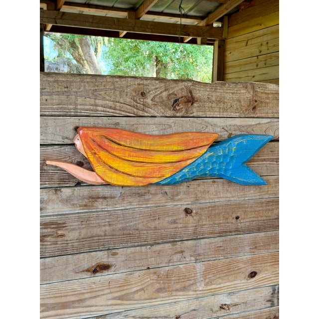 Vintage Hand-Carved Coastal Folk Art Mermaid Wall Sculpture For Sale - Image 12 of 12