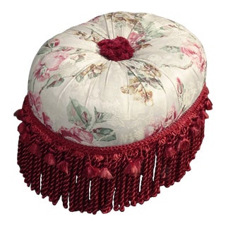 Vintage French Country Red Footstool With Tassels and White Floral Fabric For Sale