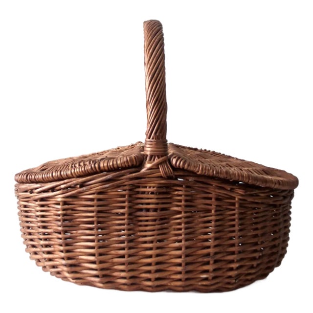Vintage Wicker Split-Lid Picnic Basket For Sale