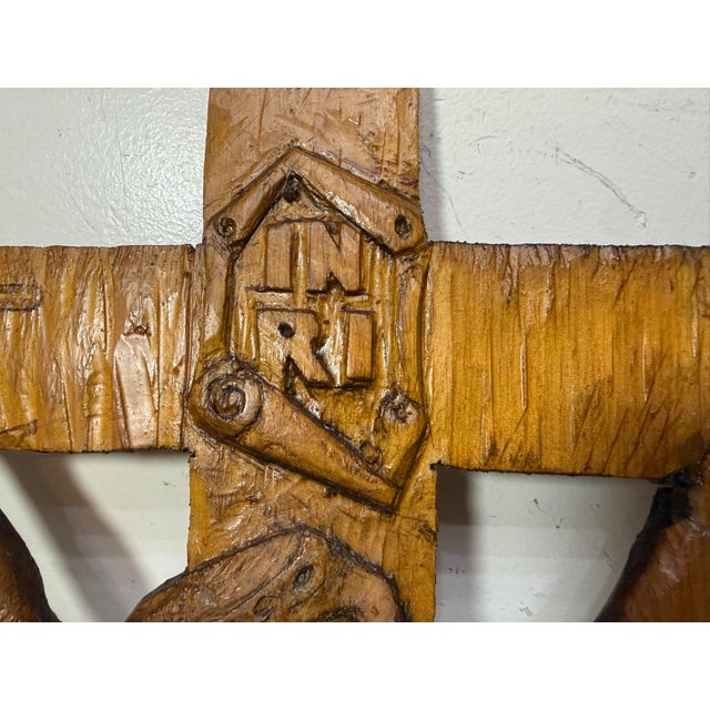 Big Vintage Hand Carved Wood Folk Art Religious Jesus Crucified Cross Sculpture For Sale - Image 12 of 15