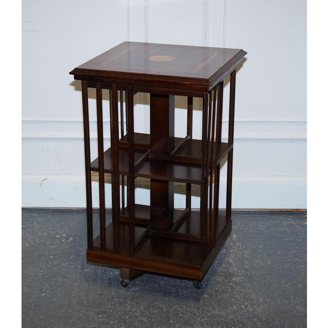 Mid-Centry Sheraton Revival Inlaid Revolving Bookcase End Table on Castors For Sale - Image 3 of 17
