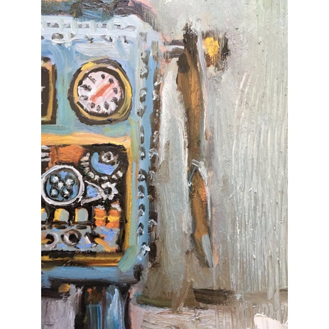 21st Century Bradford Solomon Oil on Canvas Vintage Curly the Robot Framed Contemporary Large Still Life Blue Red Yellow For Sale - Image 4 of 10