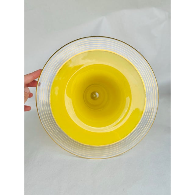 Vintage Bohemian Czech Handblown Yellow Glass Vase With Painted Gold Rings and Wide Rim – Mid-Century Gilded Art Glass Centerpiece For Sale - Image 4 of 11