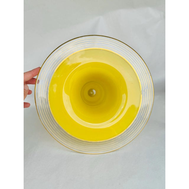 Vintage Bohemian Czech Tango Handblown Yellow Glass Vase With Painted Gold Rings and Wide Rim – Mid-Century Gilded Art Glass Centerpiece For Sale - Image 4 of 11