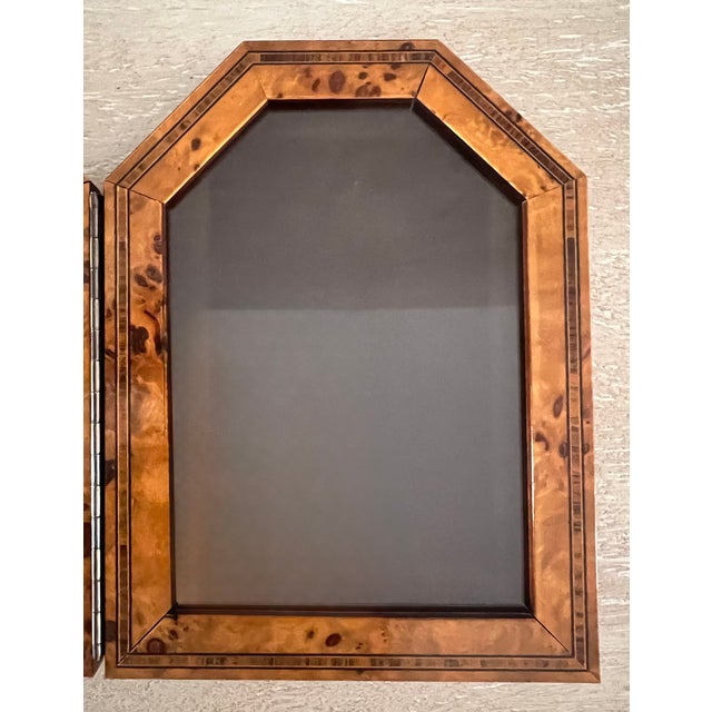 Vintage Burl Wood and Marquetry Inlay Double Picture Photo Desk Frame Diptych For Sale - Image 4 of 5