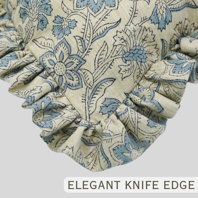 Farmhouse Boho Floral Block Print Frill Pillow Cover Handmade Artisan Decorative Throw 14x36 Inch Jarul For Sale - Image 3 of 6