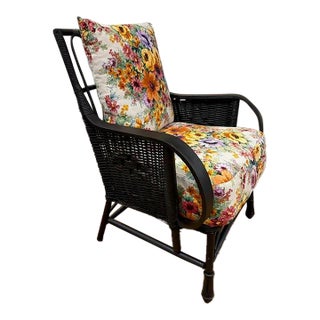 Vintage Rattan Wicker Chair With Floral Cushions For Sale