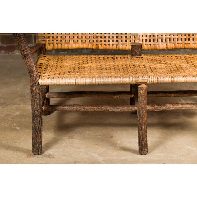 Rustic Vintage Old Hickory Hoop Settee with Woven Rattan Back and Seat For Sale - Image 3 of 12