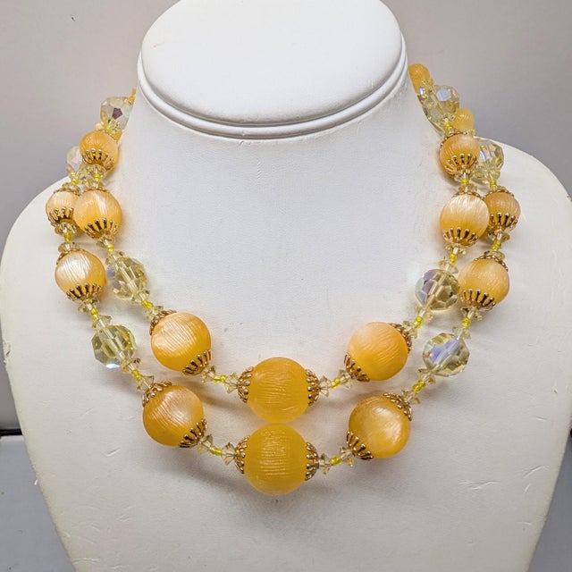 1960s Vintage 1960s Signed Vendome 2-Strand Goldtone Orange & Yellow Beaded Necklace For Sale - Image 5 of 7