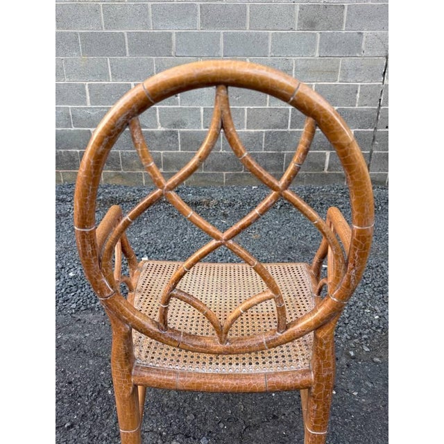 Vintage McGuire Style Faux Bamboo Rattan Spider Web Design Cracked Ice Caned Seat Armchair For Sale - Image 16 of 17