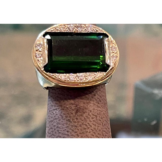 Green GIA Certified 11.72 Ct Green Tourmaline & Diamond Cocktail Ring 14K Yellow Gold For Sale - Image 8 of 18