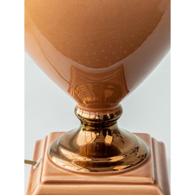 French Salmon Pink and Copper Ceramic Urn Table Lamps with Parchment Shades by Louis Drimmer, 1980s, Set of 2 For Sale - Image 12 of 15