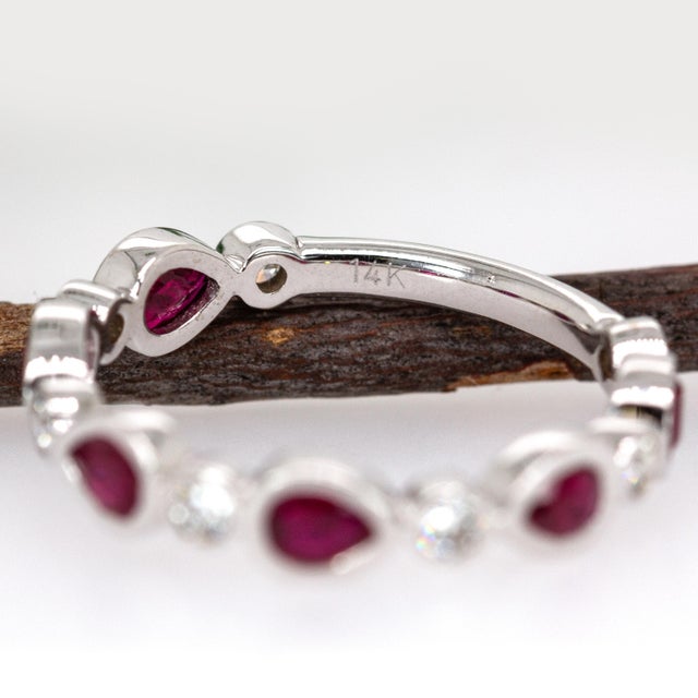 Ruby Band With Natural Diamond Accents in Solid 14k Gold | Six Pear Shape Ruby, Size 6.75 For Sale In Columbus - Image 6 of 6