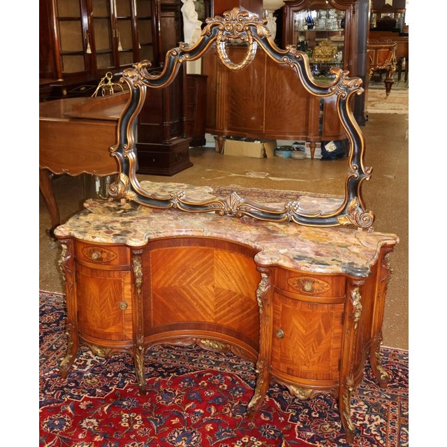 1920's French Style Marble Top Inlaid Walnut Vanity With Later Companion Mirror Dimensions : 58" Wide X 17.5" Deep X 63"...