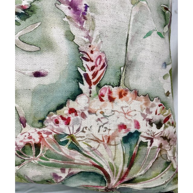 20" Square Decorative Throw Pillow With a Muted Watercolor Look Pink Floral Pattern With Bees on a Green Background - Made in the U K For Sale In Dallas - Image 6 of 12