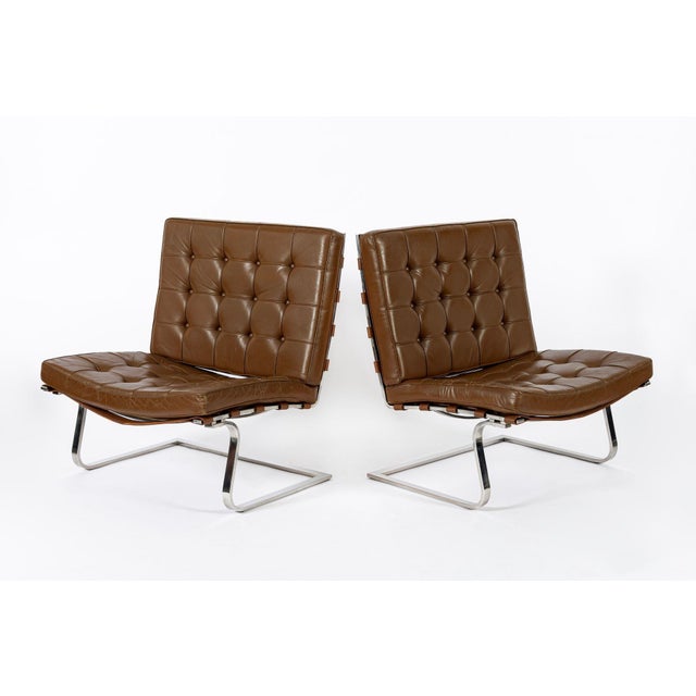 This pair of vintage mid century modern brown leather Tugendhat lounge chairs designed by Mies van der Rohe for Knoll...