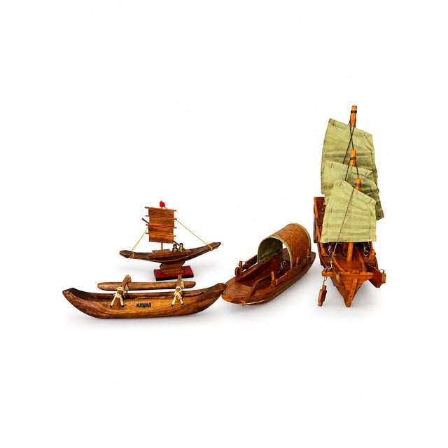 Brown Mid 20th Century Set of Four Wooden Boat Models With Sails, Covered Boat and Hawaiian Outrigger For Sale - Image 8 of 9