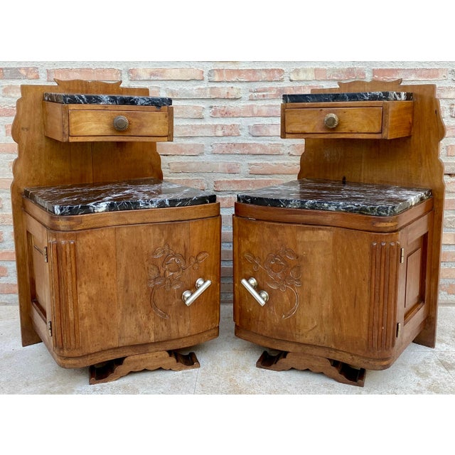 Art Nouveau Style Carved Nightstands or Bedside Tables with Marble Top, 1930, A Pair For Sale - Image 16 of 18