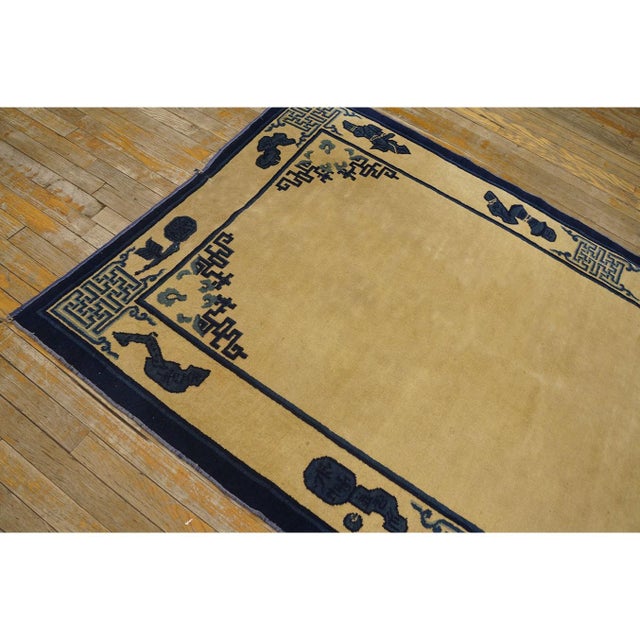 1900s Classic Beige Solid Field Chinese Motifs Antique Peking Small Wool Rug For Sale - Image 4 of 10