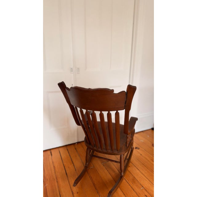Victorian Pressback Oak Rocking Chair With Carved Crest & Turned Spindles For Sale In New York - Image 6 of 6