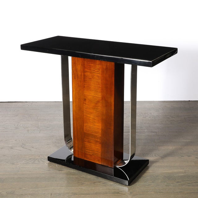 1930s Art Deco Machine Age Console Table in Walnut, Lacquer & Banded Nickeled Supports For Sale - Image 5 of 12
