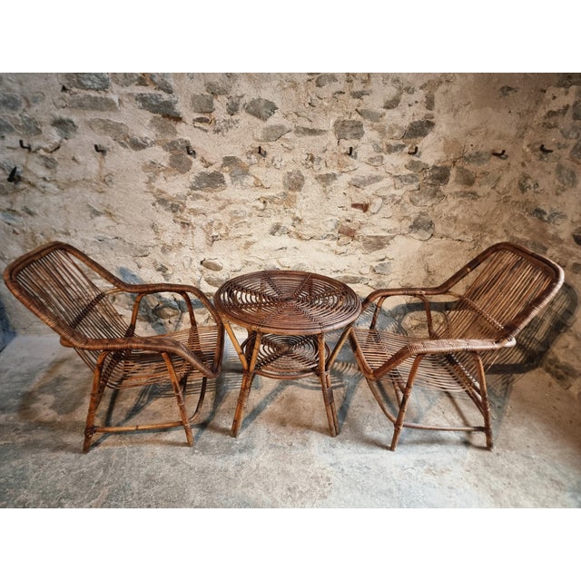 Vintage Rattan Lounge Set, France, 1940s, Set of 3 For Sale - Image 12 of 18