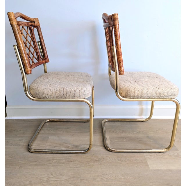 1980s Rattan and Brass Cantilever Chairs - A Pair by Cramco For Sale - Image 4 of 17