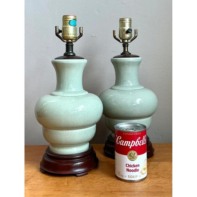 Vintage Celedon Crackle Glazed Ceramic Table Lamps - a Pair For Sale - Image 10 of 12