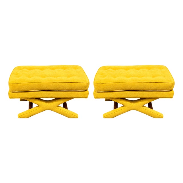 Mid -Century Modern Tufted X-Base Benches For Sale