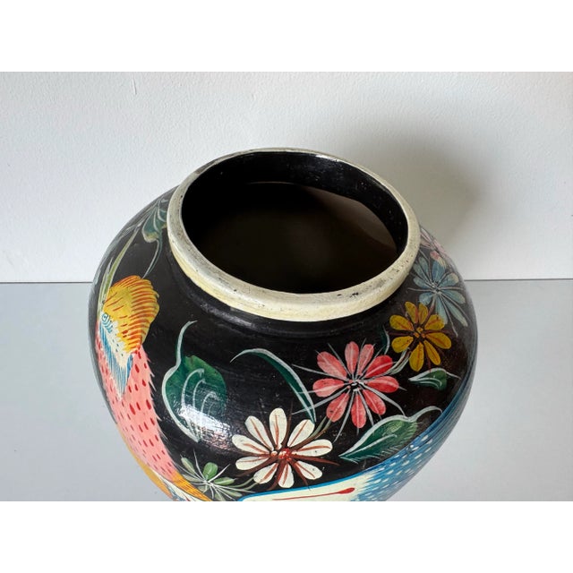 Black 1980’s Vintage Tropical - Folk Art Hand-Painted Terracotta Vase – Unsigned For Sale - Image 8 of 12