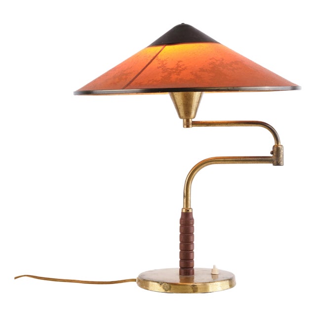 Table Lamp with Swing Arm in Patinated Brass with Amber Shade from Lyfa, 1930s For Sale