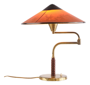 Table Lamp with Swing Arm in Patinated Brass with Amber Shade from Lyfa, 1930s