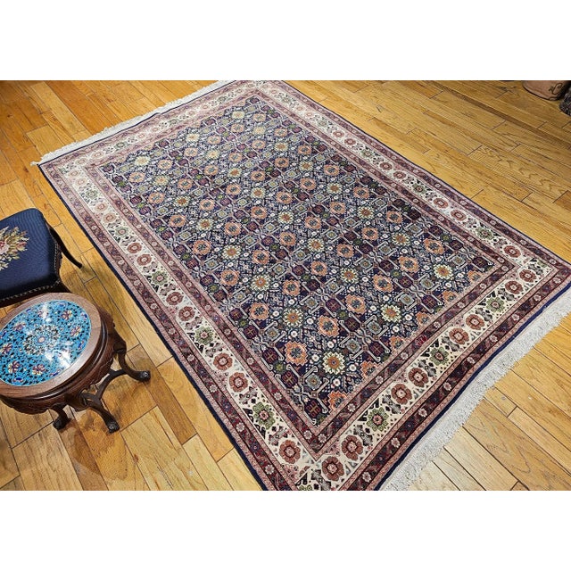 Vintage Persian Tabriz Afshan Rug, Handwoven Geometric Caucasian Pattern, Navy & Ivory, 7’ X 10’ For Sale - Image 4 of 12