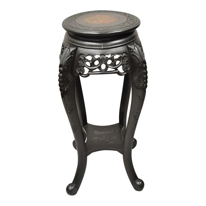 Japanese Carved Wood Black Ebonized 28" Plant Stand Side Table Lacquer Top Chairish