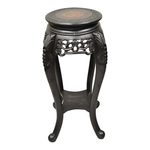 Japanese Carved Wood Black Ebonized 28" Plant Stand Side Table Lacquer Top For Sale