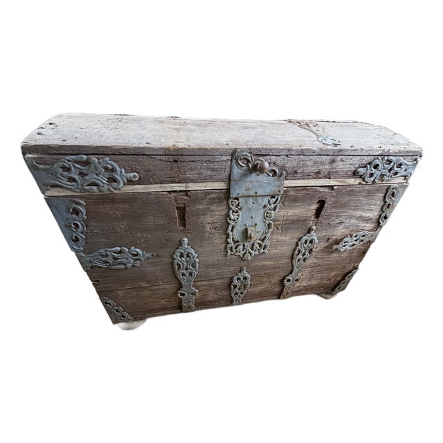 Antique Wooden Chest With Ornate Iron Fittings For Sale
