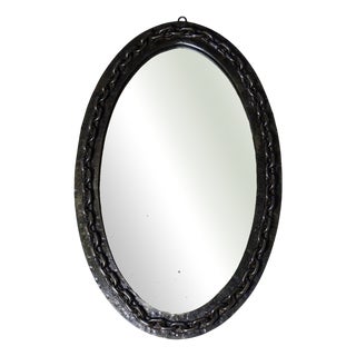 Vintage Oval Wall Mirror in Wrought Iron with Beaten Brutalist Chain For Sale