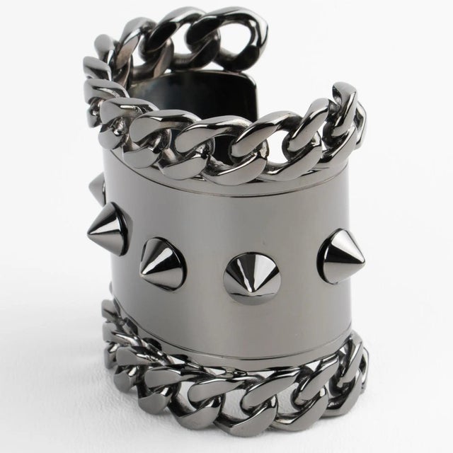 Givenchy Paris High-Gloss Gunmetal Chains and Studs Cuff Bracelet For Sale - Image 9 of 16