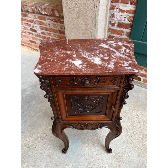 Antique French Nightstand Cabinet Marble Top Louis XV Carved Walnut C1890 For Sale In Dallas - Image 6 of 18