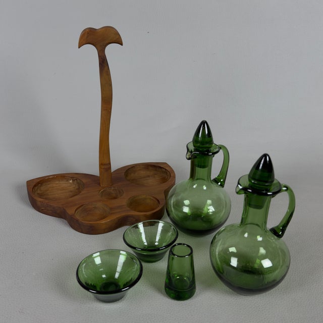 1970s Murano Glass Oil and Vinegar Set in Emerald Green, 1970s, Set of 6 For Sale - Image 5 of 11