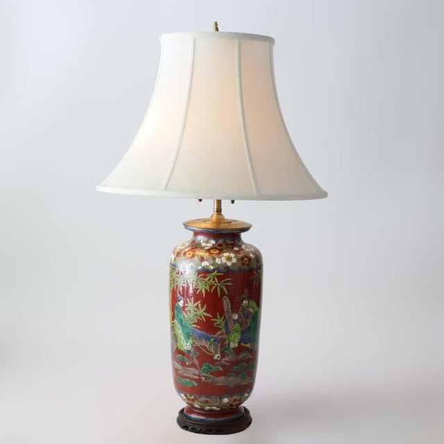 Antique Japanese Enameled Porcelain Lamp With Figures C1920 For Sale - Image 4 of 13
