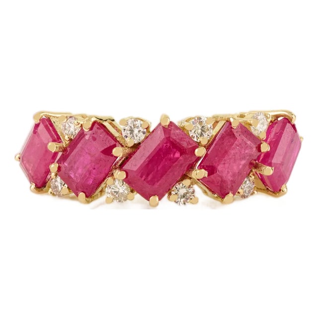 14k Gold Octagon Cut Five Stone Ruby Diamond Cluster Ring Size 6.5 For Sale