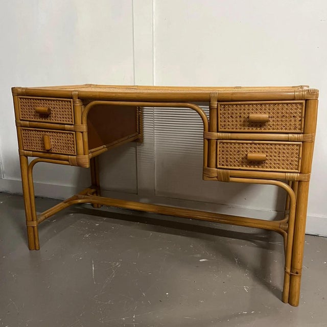 Cane Desk with 4 Drawers and Glass Top For Sale - Image 4 of 6