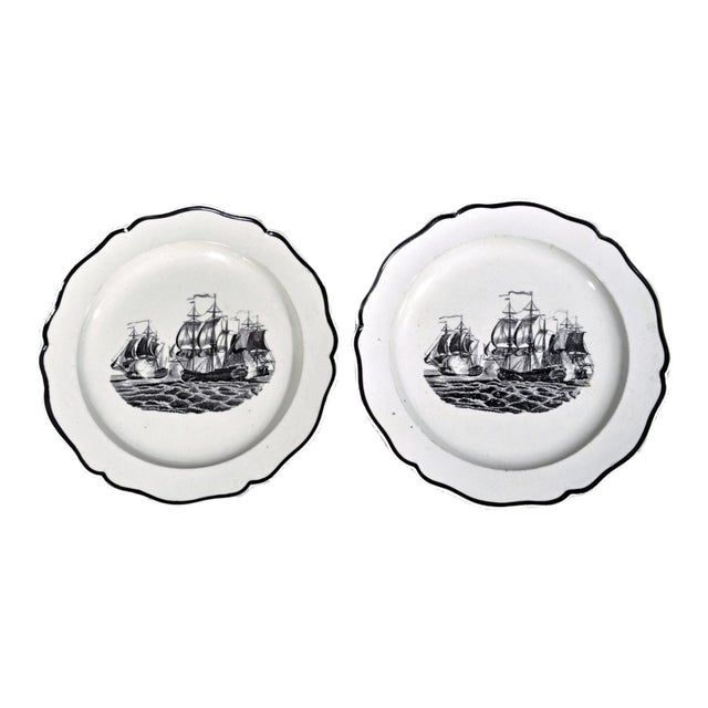 Liverpool Pearlware Naval Battle Plates, Pair, Circa 1800 For Sale