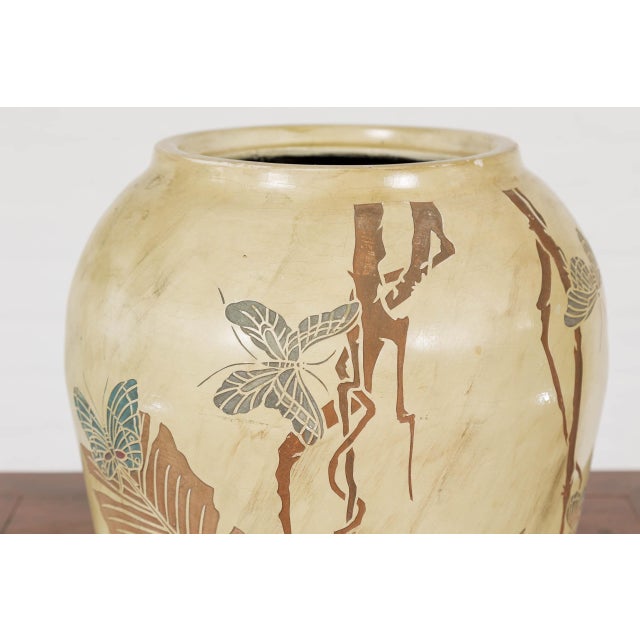 Cream Japanese Antique Mustard Glaze Ceramic Planter with Incised Butterfly Decor For Sale - Image 8 of 12