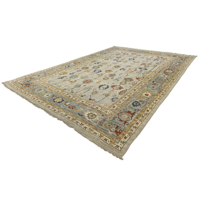 Modern Hand-Knotted Oushak Style Wool Area Rug in Soft Sage and Slate Blue 14x20 For Sale - Image 12 of 12