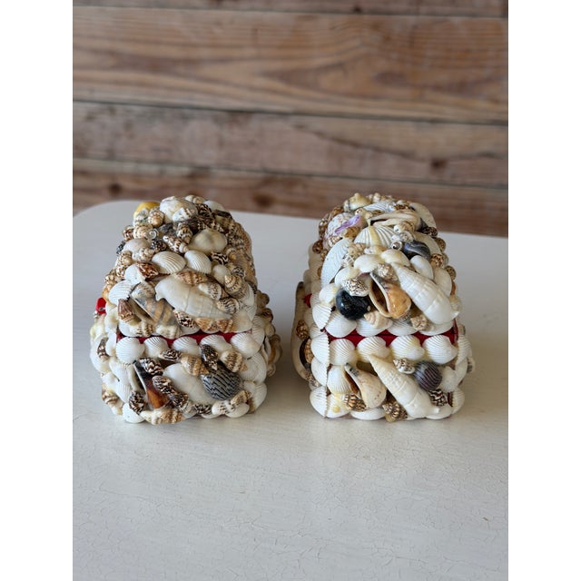 Coastal Pair of Vintage Shell Encrusted Velvet Lined Trinket or Ring Boxes For Sale - Image 3 of 11